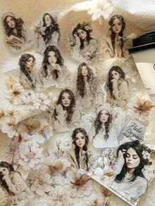 40pcs/Pack Vintage Floral & Girl Cartoon Winter Outfit Landscape Collage PET Sticker Pack, Cute Girl, Floral, Scrapbooking, Diary Decor, Waterproof Stickers, Stationery Supplies Scrapbook Supplies Funny Stickers Laptop Stickers Kindle Phone Stickers - Multicolor - View 2