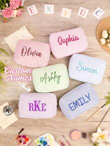 Custom Makeup Bag,Personalized Bridesmaid Makeup Bag, Seersucker Cosmetic Bag For Girl,Travel Toiletry Bag, Large Capacity Cosmetic Bag, Bridesmaid Bridal Gifts, Makeup Organizer, Monogrammed Toiletry Bag, Embroidered Make Up Bag,Bridesmaid Makeup Bag,Bridesmaid Gift, Women Gifts, Ersonalized Gifts, Wedding Party Gifts