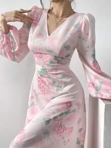 Women's Floral Print V-Neck Lantern Sleeve Elegant Dress - Pink - View 7