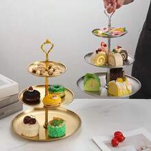 2/3 niveles Soporte para tartas de acero inoxidable, Torre de exhibición de metal dorado/plateado, Herramienta de horneado de alimentos, Adecuado para tartas, pasteles - Elegante, Adecuado para uso doméstico y de panadería, Accesorios para soportes de tartas, Suministros de repostería, Para decoración de fiestas - Multicolor - Ver 5