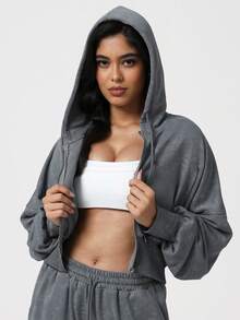 Sodalemon Women's Casual Outdoor Fitness Jacket, Drawstring Zip-Up Bodysuit With Printed Pattern, Loose Fit For Running, Training, Workout - Grey - View 6