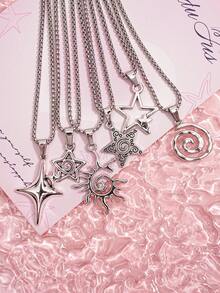 6pcs Metal Punk Hip Hop Necklace Set, Star Pendant, Sunburst Pendant, Sun Pendant, Spiral Pendant, Pendant Necklaces, Suitable For Men's Daily Wear, Valentine's Jewelry, Holiday Gift, Girlfriend - Star Necklace Six-piece Set - View 2