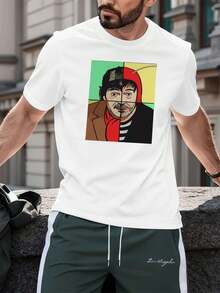 100% Cotton Portrait Graphic Print T-Shirt, Loose Fit, Breathable, Casual, Unique Graphic Print - White - View 1
