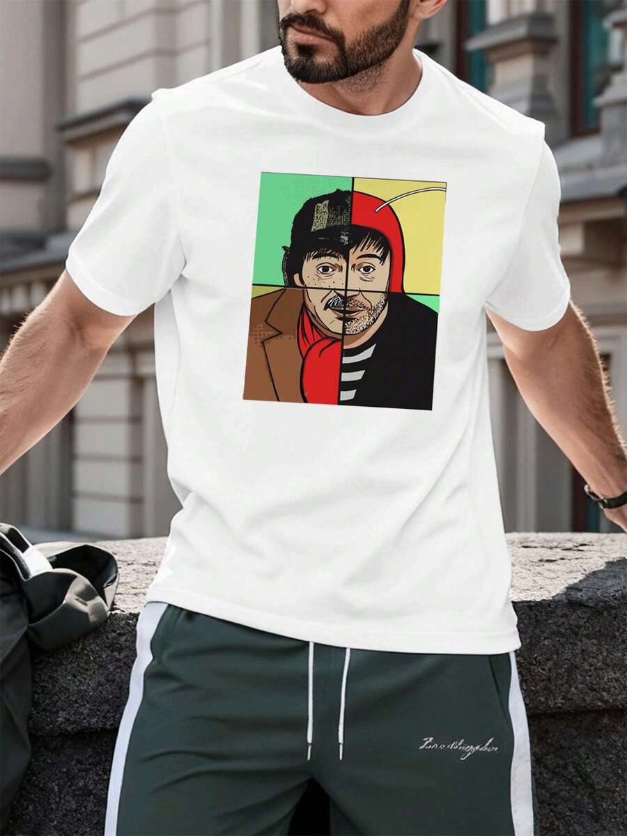 100% Cotton Portrait Graphic Print T-Shirt, Loose Fit, Breathable, Casual, Unique Graphic Print - White - View 1