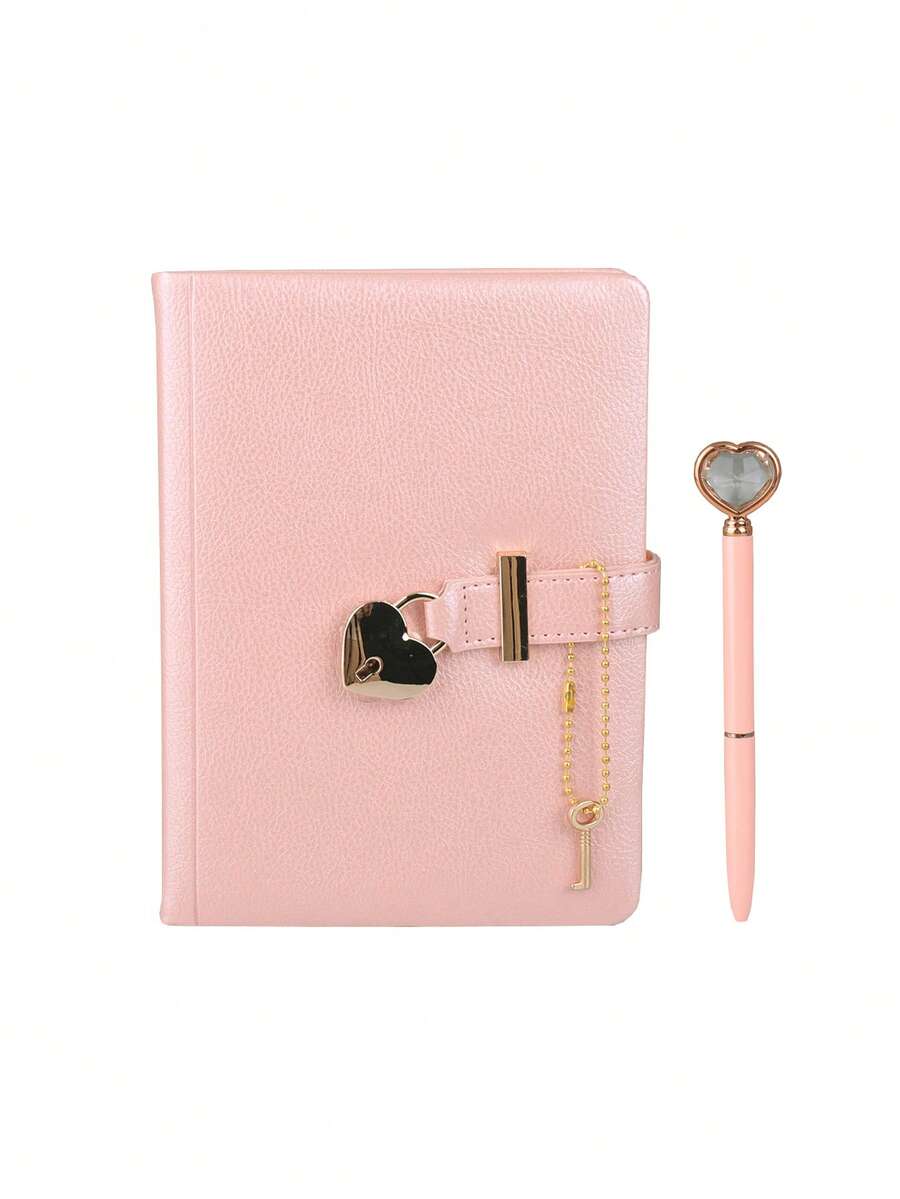 1PC 144-Page Valentine's Day Themed Notebook With Heart Locks, Pink PU Cover Plus A Pink Heart Diamond Ballpoint Pen, Home Diary For Private Entries, Gift For Friends