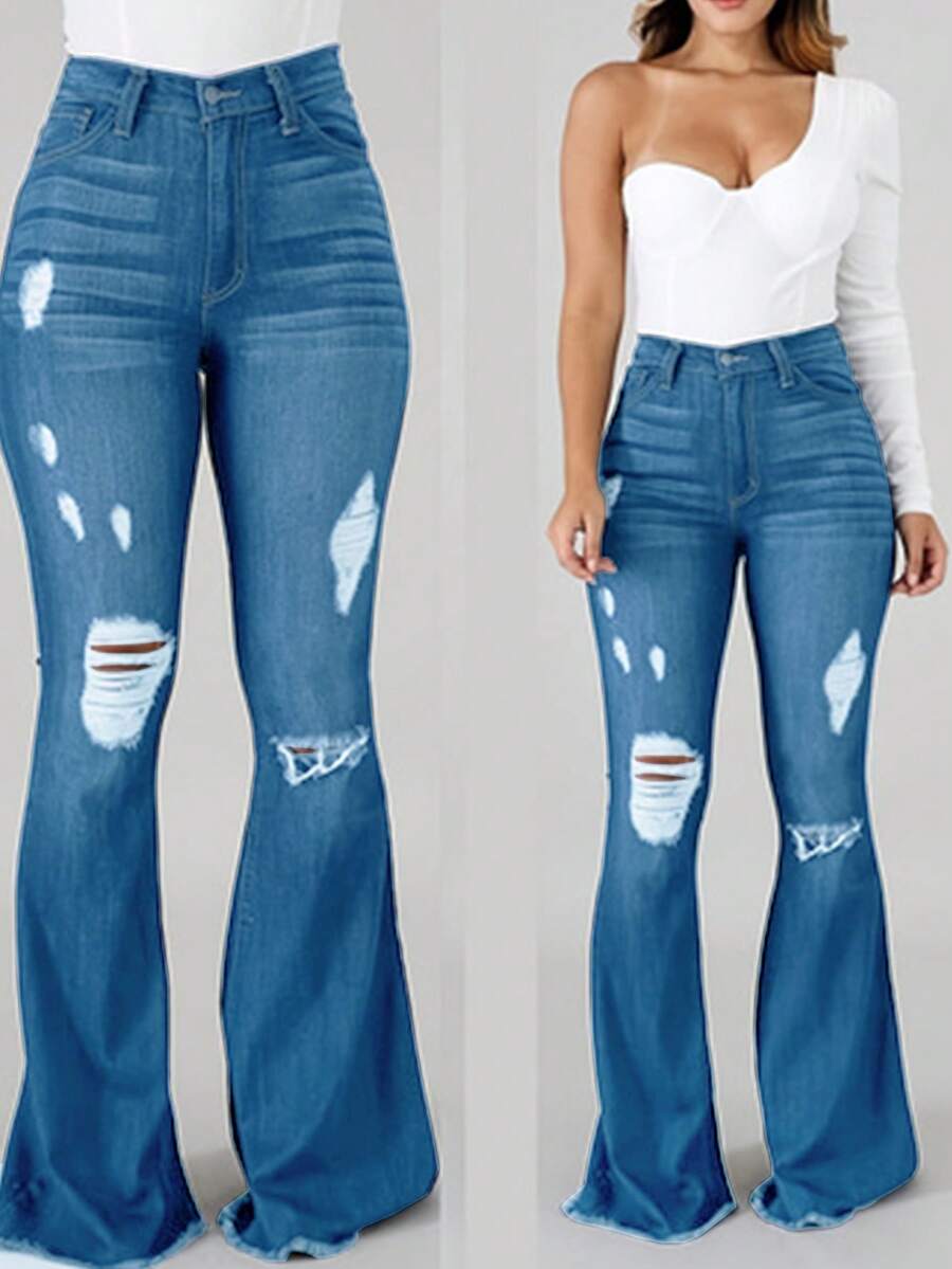 Women's Vintage-Inspired High-Stretch Skinny Jeans - Ripped Detail, Halloween Costumes,Raw Hem, Mid-Rise, Distressed Blue Denim With Slash Pockets, Comfort Fit For All Seasons - Rửa trung bình - Xem 1