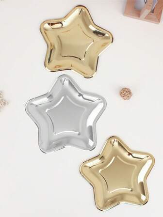 10pcs Christmas & New Year Gold & Silver Star Shaped Disposable Paper Plates, Irregular Star Plates For Birthday Party Decoration