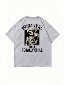 Krometka Men's Casual Versatile Minimalist Street Skull & English Slogan Print Short Sleeve T-Shirt - Grey - View 4