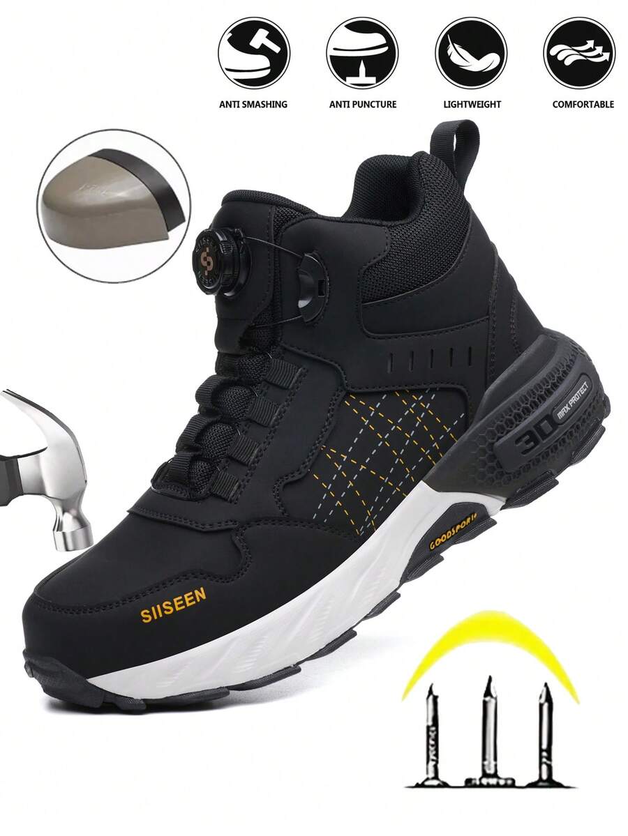 siiseen 1 Pair Utility Style Sports Safety Shoes, Synthetic Leather Lace-Up Puncture & Impact Resistant Work Boots For Men, All Season - Black - View 1