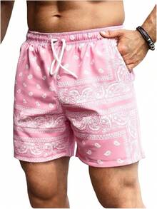 Men's Boho Paisley Print Drawstring Waist Summer Shorts With Pocket - Soft Pink - View 11