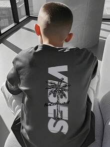 男童休闲趣味印花圆领短袖T恤，夏季 - 深灰色 - 查看 1