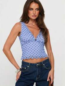 Women's Polka Dot Print Crop Camisole Tank Tops Deep-V Neck Sleeveless Pleated Hem Vest Cami Going Out Tops Summer Beachwear Party Clubwear - 藍色 - 查看 1