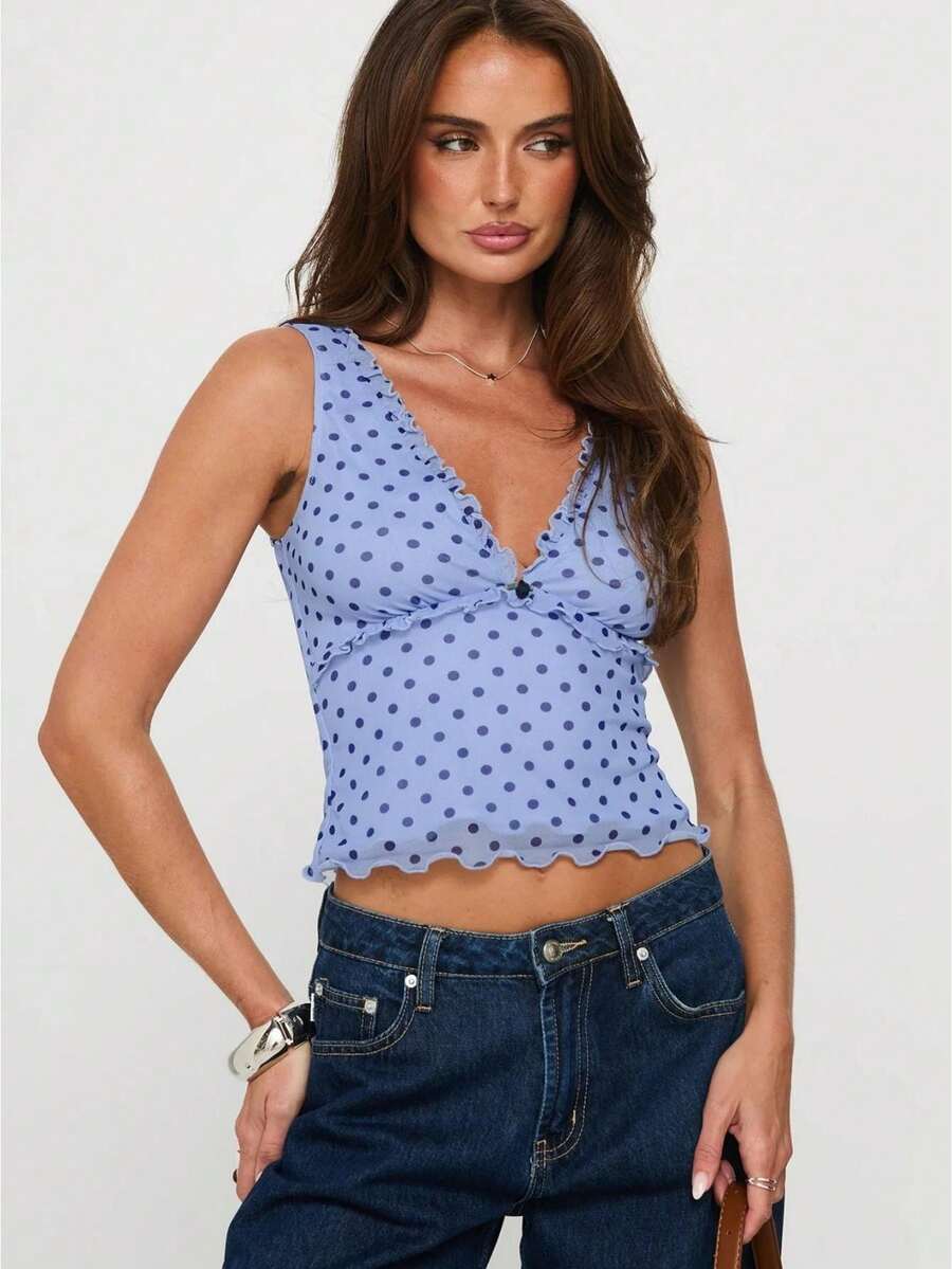 Women's Polka Dot Print Crop Camisole Tank Tops Deep-V Neck Sleeveless Pleated Hem Vest Cami Going Out Tops Summer Beachwear Party Clubwear - 藍色 - 查看 1