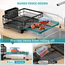 1pcs Expandable Dish Drying Rack Carbon Steel Dish Rack For Kitchen Counter, Space Saving Dish Drainer With Utensil Holder And Drainboard - Black - View 7