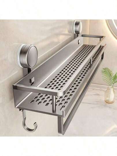 1pc Rust-Proof Wall Mounted Shower Caddy With Suction Cups - Heavy Duty Floating Shower Organizer With Towel Bar, Space Saving Bathroom Storage Rack For Shampoo, Soap And Accessories Bathroom Accessories