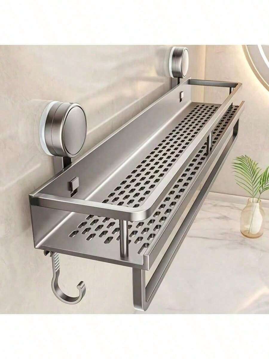 1pc Rust-Proof Wall Mounted Shower Caddy With Suction Cups - Heavy Duty Floating Shower Organizer With Towel Bar, Space Saving Bathroom Storage Rack For Shampoo, Soap And Accessories Bathroom Accessories