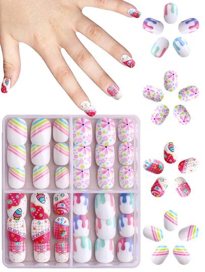 NAIO 96 Pcs/Set Y2K Baddie Style Kids Press-On Nails Art, Acrylic Material, Pre-Coated Gel, Full Coverage, With Sparkly And Cute Patterns Including Flowers, Stripes, Teardrop French Manicures, Rainbows, And Other Elements. Short, Adhesive Nail Stickers, Suitable For Little Girls-Cute And Simple Theme. Nail Supplies