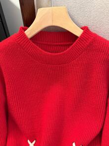 JIANHU 新款春季红色系带拼接针织毛衣女宽松修身百搭圆领长袖上衣，复古保暖休闲宽松春季造型 - 紅色 - 查看 5