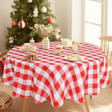 DWCN 1 Stück karierte Tischdecke, runde Tischdecke, waschbare, wetterfeste, fleckenabweisende und wasserdichte Tischdecke für den Außenbereich, ideal für Picknicks, Esszimmer, Gartenpartys und Hochzeiten. - Khaki und Weiß - Übersicht 1