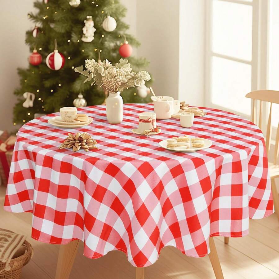 DWCN 1 Stück karierte Tischdecke, runde Tischdecke, waschbare, wetterfeste, fleckenabweisende und wasserdichte Tischdecke für den Außenbereich, ideal für Picknicks, Esszimmer, Gartenpartys und Hochzeiten. - Khaki und Weiß - Übersicht 1