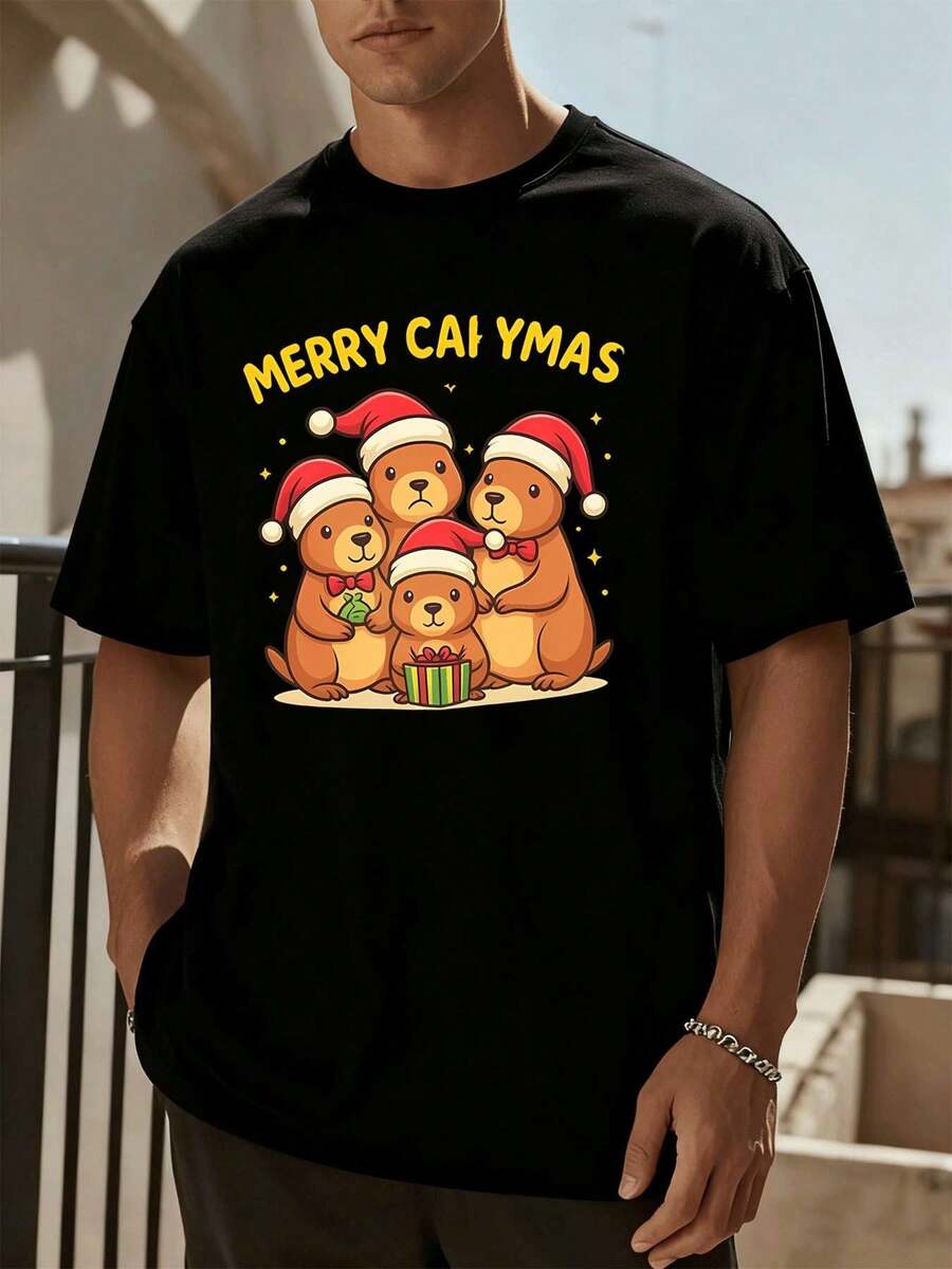 Fröhliche Weihnachten Bärenfamilien-T-Shirt aus hochwertiger Baumwolle, lockere Passform, lässig, bequem, einzigartiger Grafikdruck - Schwarz - Übersicht 1