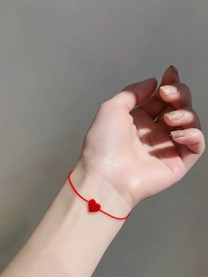 2pcs Handmade Woven Peach Heart Lucky Red Rope Bracelet, Adjustable Length, Suitable For Women, Girlfriends, Minimalist Gift For Couples, Bohemian Heart Pendant Bracelet, Adjustable Rope Design, Casual Wear And Gift, Valentine's Day Couples Bracelet