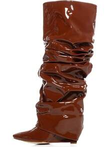 Women's Slouched Ruched Fold Over Boots - Patent Leather Covered Wedge Heel Wide Calf Pointed Toe Knee High Casual Boots - Brown - View 1