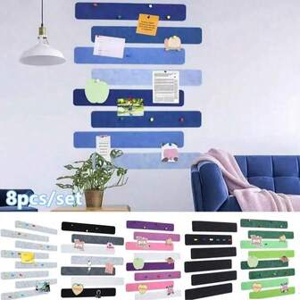 8PCS/Set Creative Felt Message Board Strip With Push Pins Self Adhesive DIY Bulletin Board Memo Notice Tack Notes Board Photos Schedules Display Board Bar Home School Office Wall Decoration