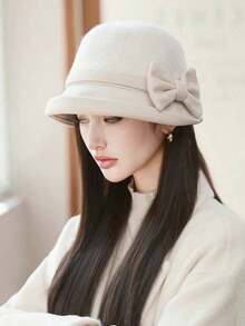 1pc Korean Style Autumn/Winter New Wool Bucket Hat For Women, Elegant Bow Decor, Warm, Face-Flattering, Suitable For Outdoor, Travel, Daily Wear Women Winter Clothes - 白色 - 查看 7