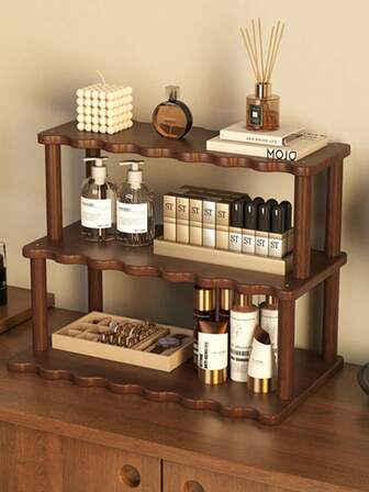 2/3 Tier Wave Trapezoidal Desk And Counter Storage Shelf For Home, Kitchen And Office Use, Ideal For Storing Sundries And Decorative Items, Kitchen Storage Solutions, Decorative Shelves, Bamboo Construction, Shelf Decoration