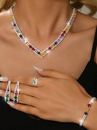 4pcs Colorful Cubic Zirconia & Rhinestone Jewelry Set - Necklace, Bracelet, Earrings, Ring - Bridal/Party Accessories