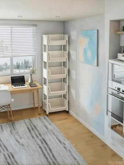 Carrinho com 3/4/5 Níveis, Compacto e Prático, Prateleira de Armazenamento de 5 Camadas que Economiza Espaço, Unidade de Prateleiras Modulares Removíveis, Carrinho com Rodas de Plástico, Multiuso para Cozinha e Escritório, Prateleira de Chão com Rodas