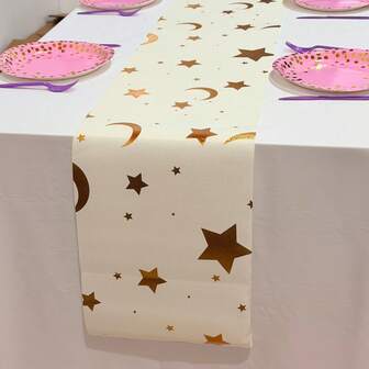 1/2pcs 11*108.27 Inch White & Gold Linen Eid Mubarak Table Runner, Gold Star Moon Mosque Ramadan Lantern Eid Mubarak Decor, Suitable For Home, Dinner, Party Tabletop Centerpiece