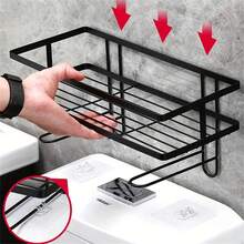 Space-Saving Over-The-Toilet Bathroom Shelf - Carbon Steel Storage Rack With Non-Punching Installation, Shampoo & Shower Gel Organizer, Modern Black Design For Compact Bathroom Organization, Bathroom Organizers And Storage Bathroom Accessories Bathroom Tools - Multicolor - View 4