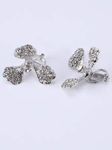 1 Pair Exaggerated Silver Flower Rhinestone Clip-On Earrings, Elegant & Chic For Women - Silver - View 4