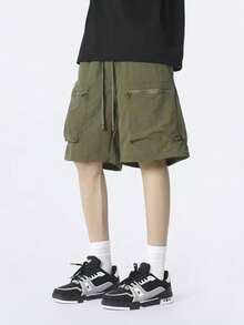 Men's Cargo-Style Bermuda Shorts, Made Of Non-Stretch Fabric, With Drawstring And Pockets. - Dark Green - View 3