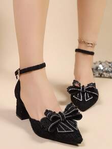 2025 New Basic Bow Rhinestone Decor Black High Heel Pumps, Pointed Toe Sexy Stilettos For Dresses, Autumn/Winter,Chunky Heels - Black - View 2