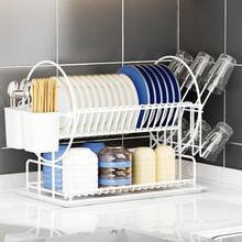 1pcs 2 Tier Carbon Steel Dish Drying Rack Multifunctional Large Dish Drainers With Drainboard & Utensil Holder For Kitchen Counter - White - View 1