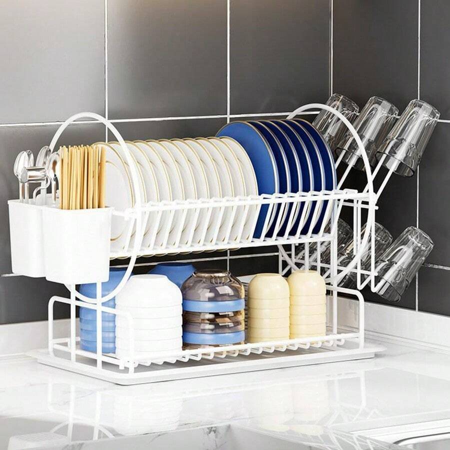 1pcs 2 Tier Carbon Steel Dish Drying Rack Multifunctional Large Dish Drainers With Drainboard & Utensil Holder For Kitchen Counter - White - View 1