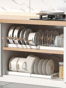 1pc Expandable Kitchen Drawer Organizer, Pull-Out Design To Save Space, With Adjustable Pot Lid Rack, Efficient Storage For Utensils On Countertop And In Cabinets - Beige - View 12