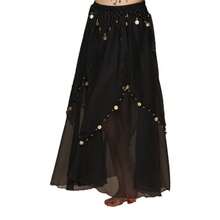 女士肚皮舞裙带硬币长款多层表演裙舞台表演练习比赛派对节日服装 - 黑色 - 查看 6