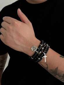 5 件朋克十字架手链套装，男士个性化嘻哈金属配饰，适合日常佩戴、派对和节日礼物 - 5pcs - 查看 5