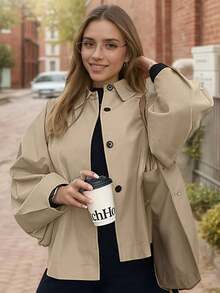 Women's Khaki Lapel Short Windbreaker Jacket & Fashionable Blouse & Versatile Slimming Top, Autumn