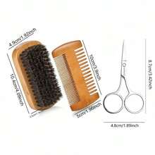 1pc Mustache Brush/5pcs Set Men Beard Brush And Comb Kit - Natural Boar Bristle Brush And Double-Sided Comb, Scissors And Silicone Face Cleansing Tool, With Velvet Carrying Pouch, Gift Box Packaging, Ideal For Beard And Mustache Grooming - Black - View 2