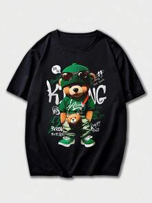 ONE WAVE 男士休闲百搭简约街头风熊元素印花短袖T恤 - 黑色 - 查看 5