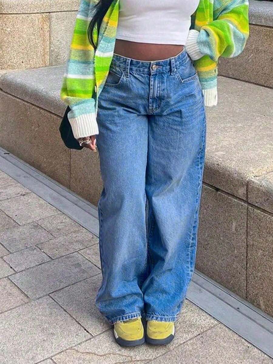 Women's Mid-Rise Classic Washed Loose Straight Leg Jeans, Casual Versatile Denim Pants - Medium Wash - View 1