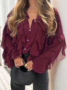 Romantic Wine Red Ruffle Chiffon Blouse, Women's V-Neck Sheer Button-Up Shirt With Layered Ruffle Cuffs, Casual & Formal Lightweight - Burgundy - View 2