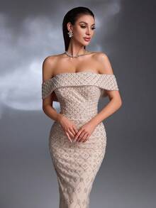 Elisanya Vestido elegante de AMILUCK con hombros descubiertos, volantes, abertura y detalles de lentejuelas de alta gama, adecuado para ocasiones formales, fiestas, alfombra roja y bodas - Albaricoque - Ver 4
