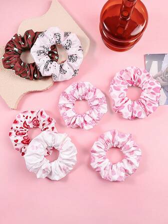 7pcs Valentine's Day Lip, Heart, Rose, Bow Print Satin Scrunchies, Suitable For Women Ponytail Decoration Hair Accessories ,Hair Ties ,Scrunchy Hair Ties