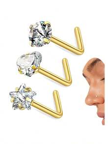 3件装鼻环耳钉，G23纯钛20G鼻环，L型、圆形/星形/心形闪亮锆石鼻钉，男女通用 - 3件鼻釘套裝 - 查看 20